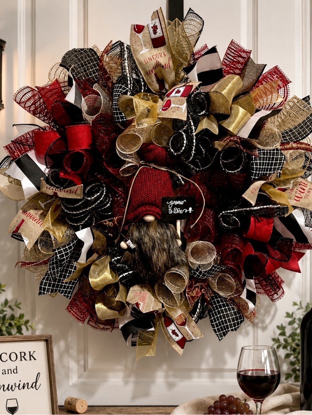 Wine Gnome Ribbon Handmade Wreath 22 inches “Time to wine down” #W1